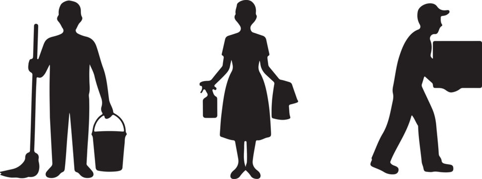 Cleaning worker silhouette set, janitor people with mop and bucket, black and white cleaner illustration, maintenance staff vector design for hygiene and service industry