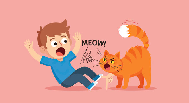 Cartoon Illustration of an Aggressive Ginger Cat Biting a Frightened Little Boy's Hand and Meowing