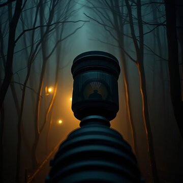 A vintage lens peers down at a lone illuminator guiding a somber cavalcade through a mist-laden, timeworn woodland,  dark,  follow
