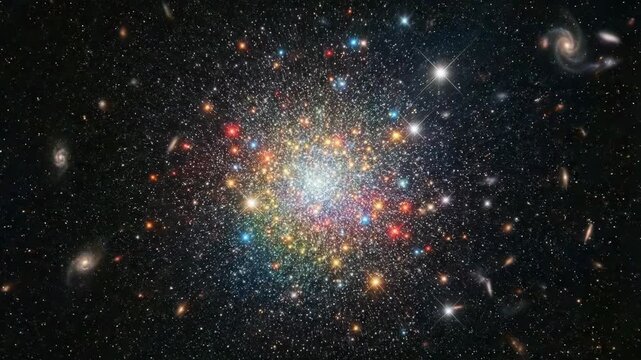 Zoom in on Dense Colorful Globular Star Cluster Glowing in Deep Space Constellation