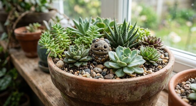 Tiny pebble monster peeking out from a succulent planter