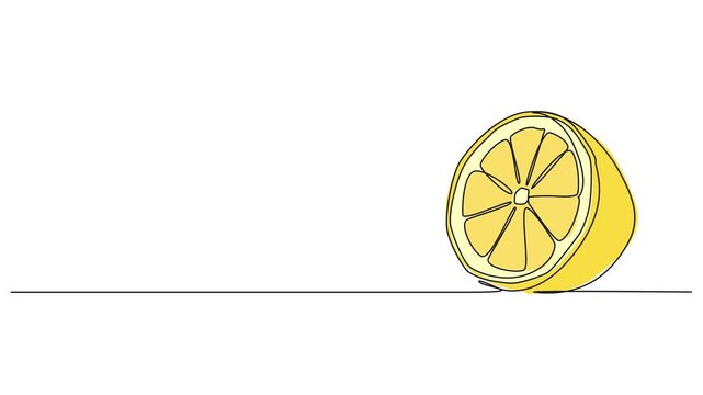 animated continuous line drawing of halved lemon, fresh juicy citrus fruit line art animation