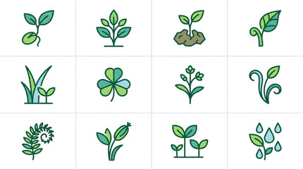 Collection of various green plant sprouts and leaves icons. © iwan