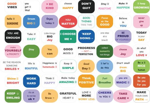 Inspirational quote stickers set, colorful motivational phrases in rounded frames, positive mental health affirmations vector collection for planners
