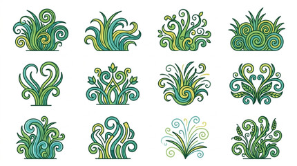 Decorative Green Swirl Plant Elements Collection. © iwan