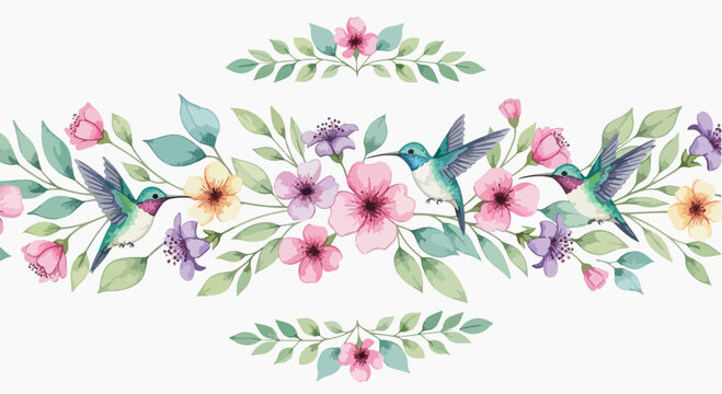 Watercolor floral border with hummingbirds and delicate flowers and leaves in soft pastel colors