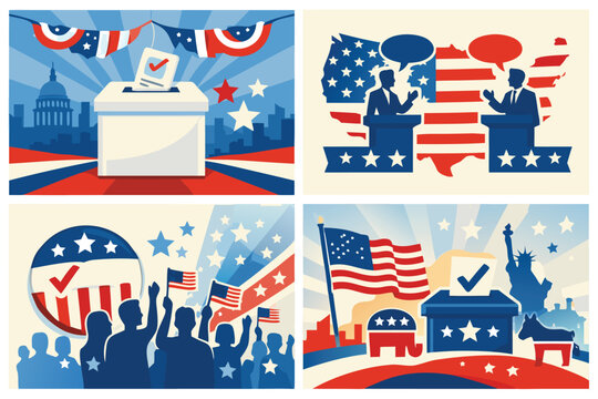 Set of 2026 United States Midterm Elections Posters for Political Campaigns and Voting Awareness; Vector Illustration with Ballot Boxes, Debating Candidates, US Flag, and Political Party Symbols.