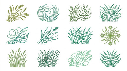 Collection of stylized wheat and grass illustrations in green and yellow tones. © iwan