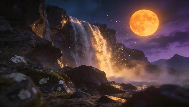 Moonlit waterfall with glowing mist