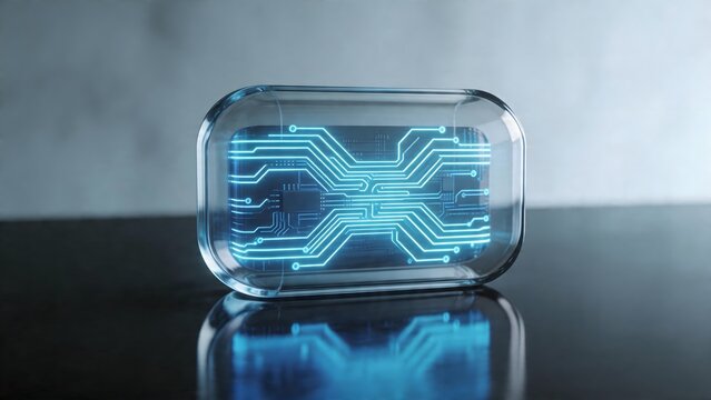 Glass box with glowing circuit design