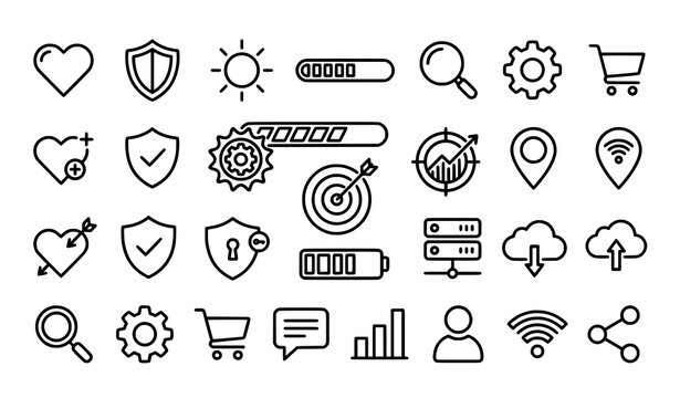 Creative internet outline vector icon set with minimalist digital symbols