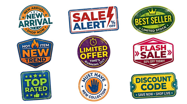 Collection of Retail Sale & Discount Badges: New Arrival, Sale Alert, Best Seller