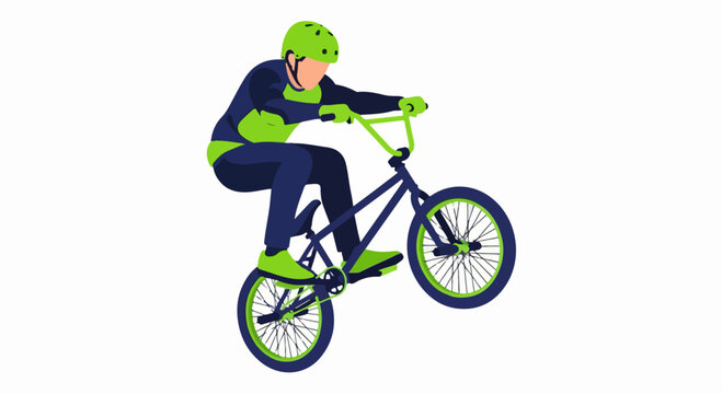 Dynamic BMX rider performing a midair jump on a blue and neon green bicycle vector illustration