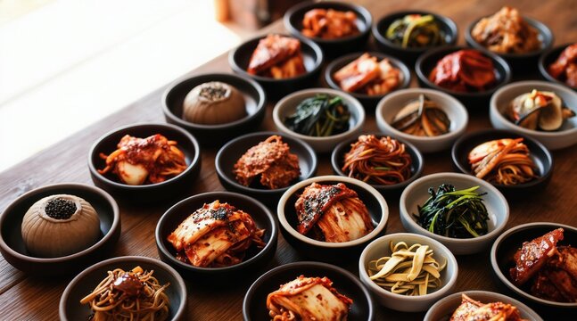 Assortment of Korean banchan side dishes served in small bowls on a wooden table. Colorful fermented vegetables and pickled items ready for a meal. Healthy food variety.