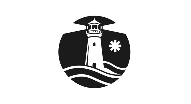 Minimalist lighthouse logo icon design with waves and sun.