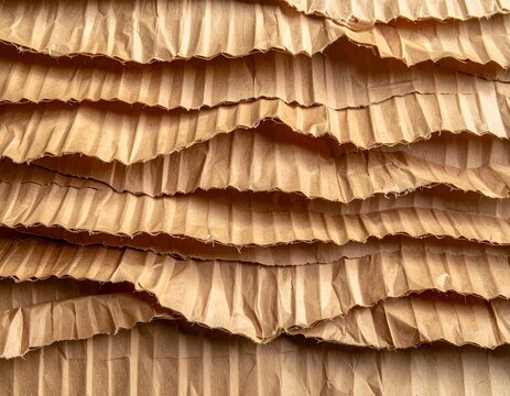 Close up of brown corrugated cardboard texture with parallel ridges and grooves