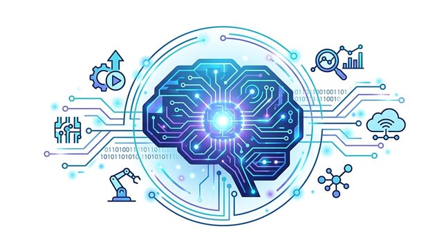 A futuristic illustration of a glowing blue brain surrounded by various technological symbols and circuit board patterns on a white background.