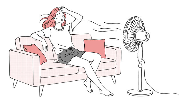 夏バテで扇風機に当たって涼む女性のベクターイラスト｜扇風機,猛暑,汗,熱中症対策