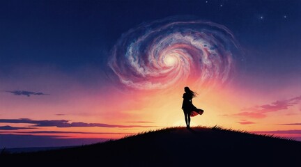Obraz premium Woman silhouette on hill watches colorful galaxy swirl above sunset sky. Dreamy cosmic scene shows stars, clouds, and vibrant colors in evening atmosphere. Hopeful, tranquil, fantasy art.