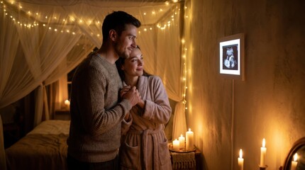 Obraz premium Happy expectant couple holding hands and looking lovingly at their baby ultrasound scan in a cozy, warm-lit bedroom decorated with candles and string lights, perfect for family concepts.