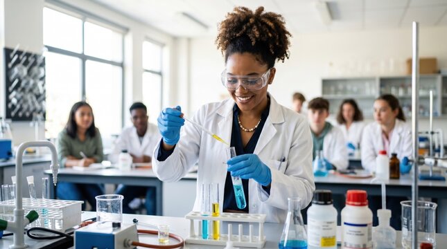 A cheerful Black female chemistry teacher conducts a science experiment with a pipette and test tubes in a bright modern classroom, inspiring a diverse group of high school students.