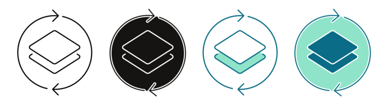 Material Reuse Icon. Circular Arrows and Layers Logo. Line, Negative, Duotone and Solid Style for Dark and Light UI, Web and Mobile Apps.
