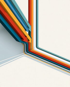 Colorful workflow arrows merging into narrow pathway corner, symbolic business process bottleneck and system integration concept, minimal corporate illustration with copy space