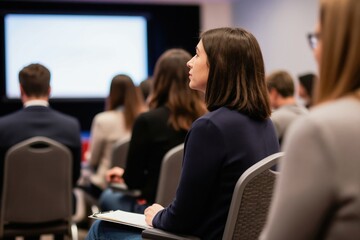 Obraz premium Woman listens attentively in meeting room at presentation. People in audience watch speaker on stage. Indoor business event, corporate training session, education.