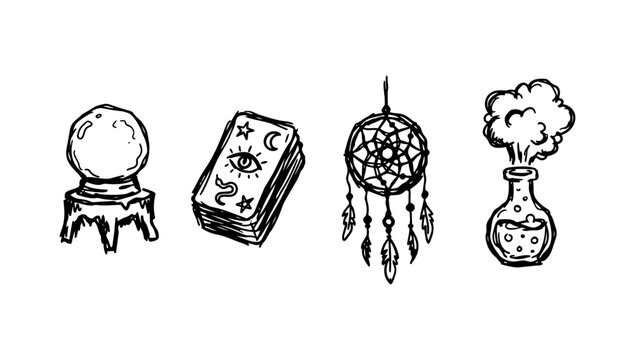 Mystical and magical doodle items including crystal ball tarot book dreamcatcher and potion bottle