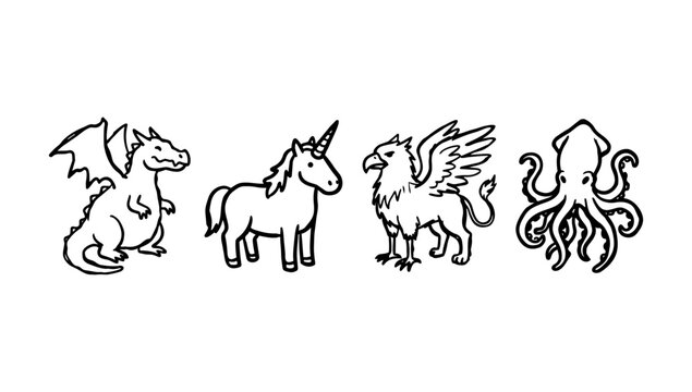 Mythical and fantasy creature doodle characters including dragon unicorn winged horse and giant squid