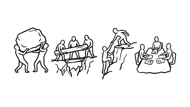 Physical labor and team work doodle scenes featuring stone lifting construction and group meeting
