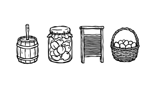 Traditional homestead and canning doodle pantry items featuring wooden barrel fruit jar washboard basket