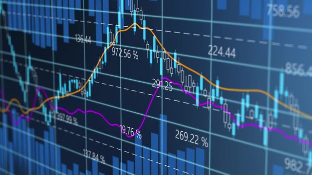 Display stock exchange marker, line chart value number price and candlestick, statistic, invest forecast finance economic business growth, analysis performance report concept