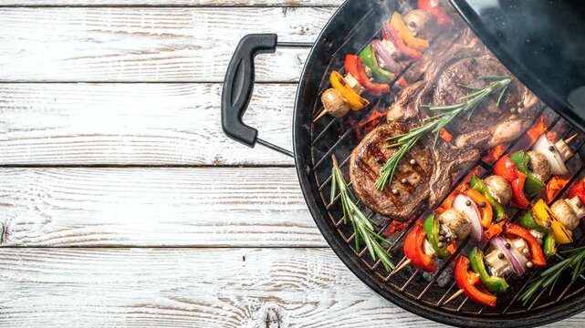 Fresh grilled lamb chops with vegetables on a charcoal barbecue grill.