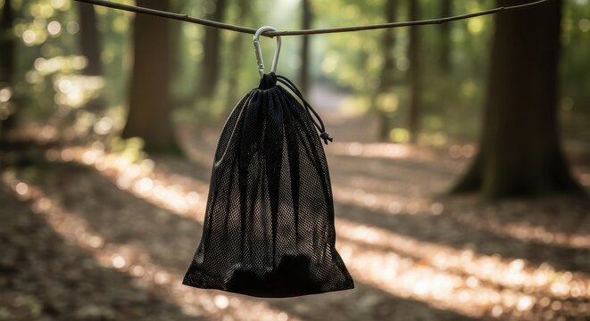 Mesh Laundry Bag Hanging Outdoors in Forest with Natural Sunlight