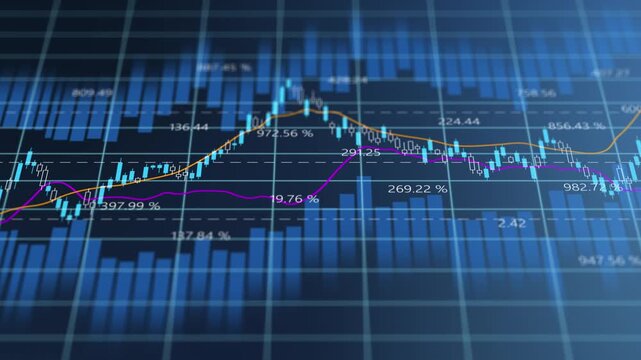 Display stock exchange marker, line chart value number price and candlestick, statistic, invest forecast finance economic business growth, analysis performance report concept