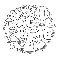 Fototapeta premium Fathers Day Typography With Happy Family Balloon Clouds And Smiling Sun Coloring Page Illustration