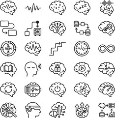 Fototapeta premium Memory Consolidation & Sleep Learning Line Icons Set – 30 Minimal Black Outline Vector Icons for Brain Sleep Science, Cognitive Memory & Overnight Learning Systems