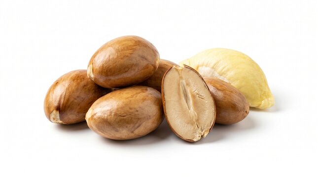 Fresh durian seeds isolated on white background with cut seed detail, ideal for botanical reference, tropical fruit articles, agriculture content, recipe blogs, and education.