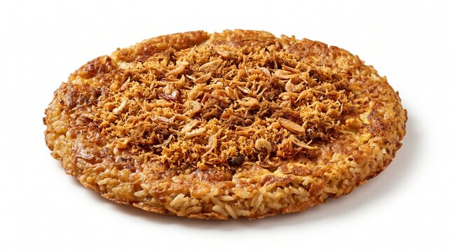 Traditional kerak telor Betawi food isolated on white background with crispy egg rice texture, ideal for menu design, festival promotion, tourism campaigns, and food articles.