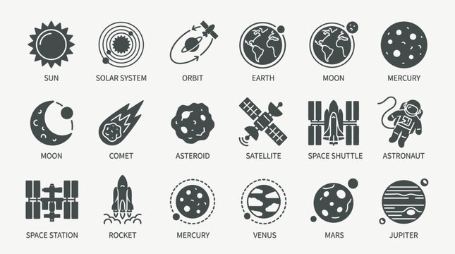 Space Icons Set Vector Graphic for Galaxy Planets and Astronauts