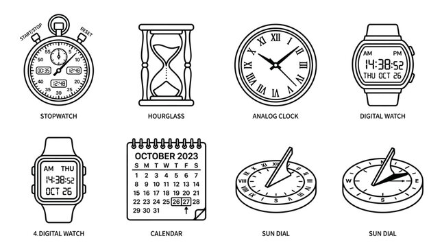 Timekeeping Outline Icons Featuring a Stopwatch Hourglass Clock Sundial