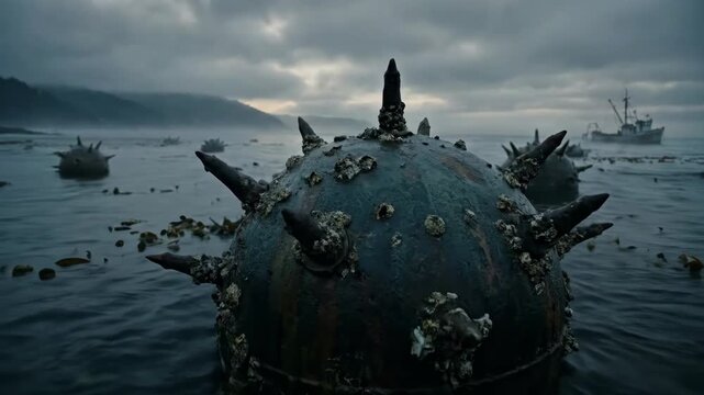 Barnacle Covered Rusty Naval Mine Floating in Moody Sea Near Fishing Boat