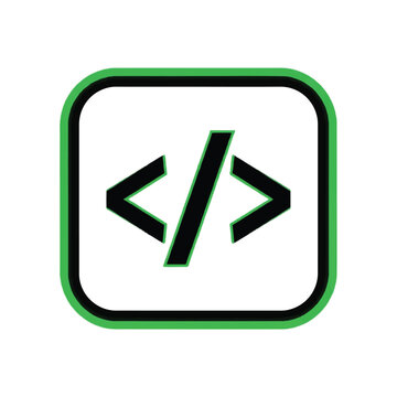 Code symbol with green outline.