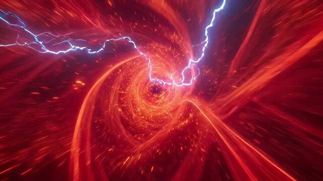 A vibrant red abstract tunnel creates a sense of depth and motion.