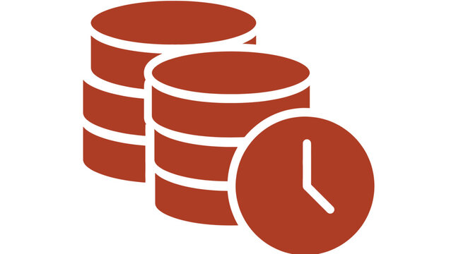 A stack of brown database cylinders with a clock overlay signifying timely data processing or scheduled storage backup management systems.