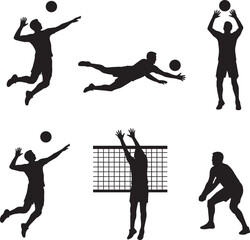 Volleyball player silhouettes set, male athletes playing volleyball vector collection, black sports figures jumping and spiking, volleyball net and ball © Muhammad