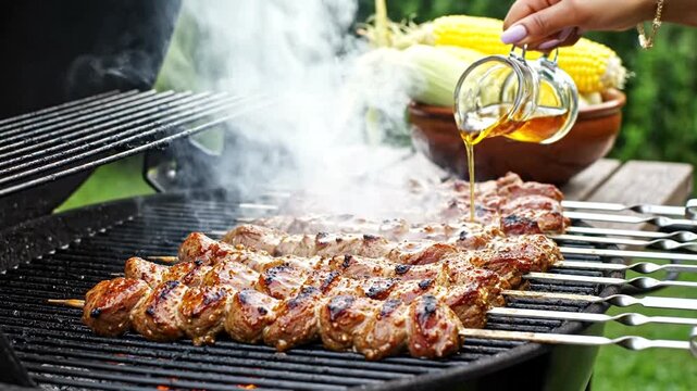 Grilling delicious meat skewers with marinade on outdoor barbecue.