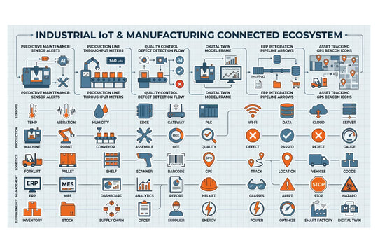 Industrial IoT and manufacturing connected ecosystem with detailed icons and workflows featuring workflow, automation, sensors with data analytics