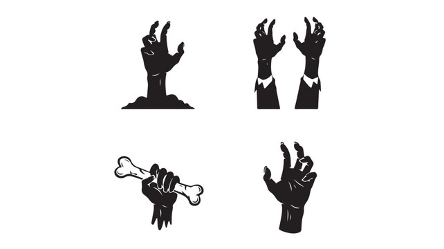 Vintage zombie hands vector set, creepy undead monster arms reaching from ground, black and white horror silhouette icons for Halloween design